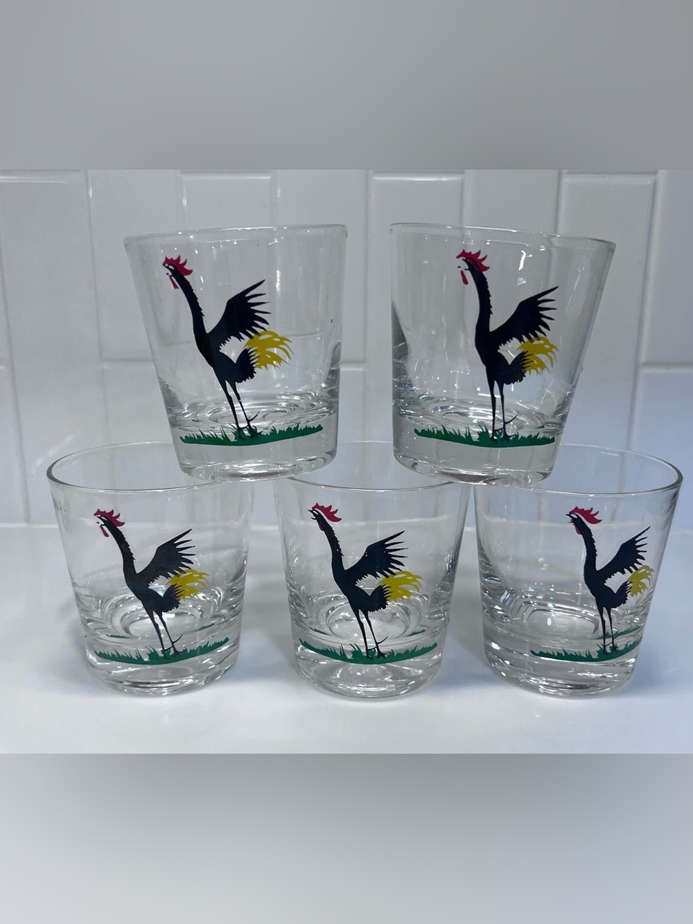 Vintage Federal Screaming Crowing Black Rooster Glasses 3.25 Lowball MCM 5 set